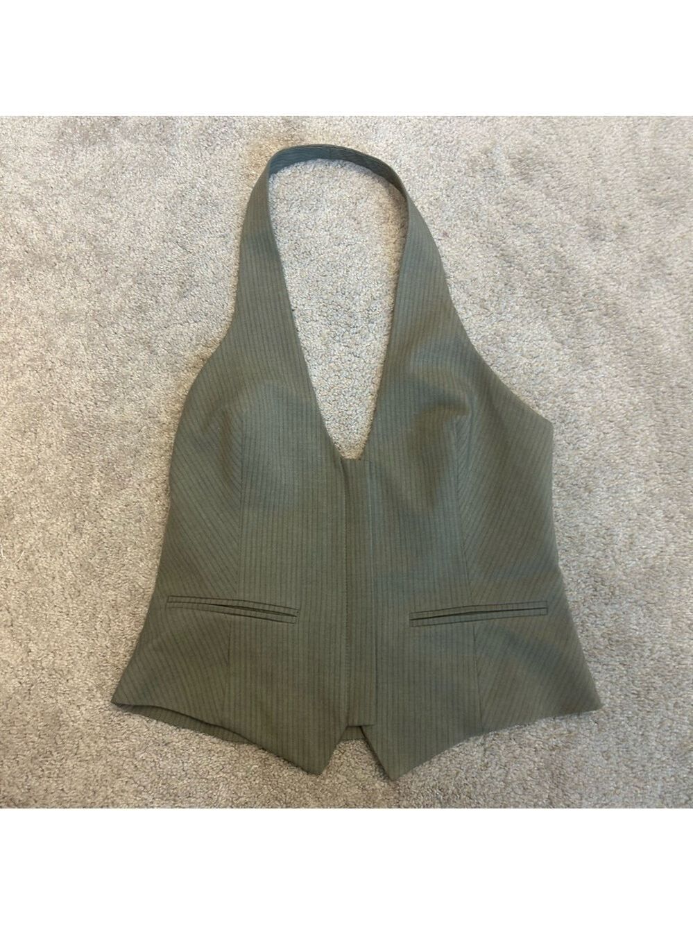 Zara khaki green striped belted halter top full zip front Sz M NWT
